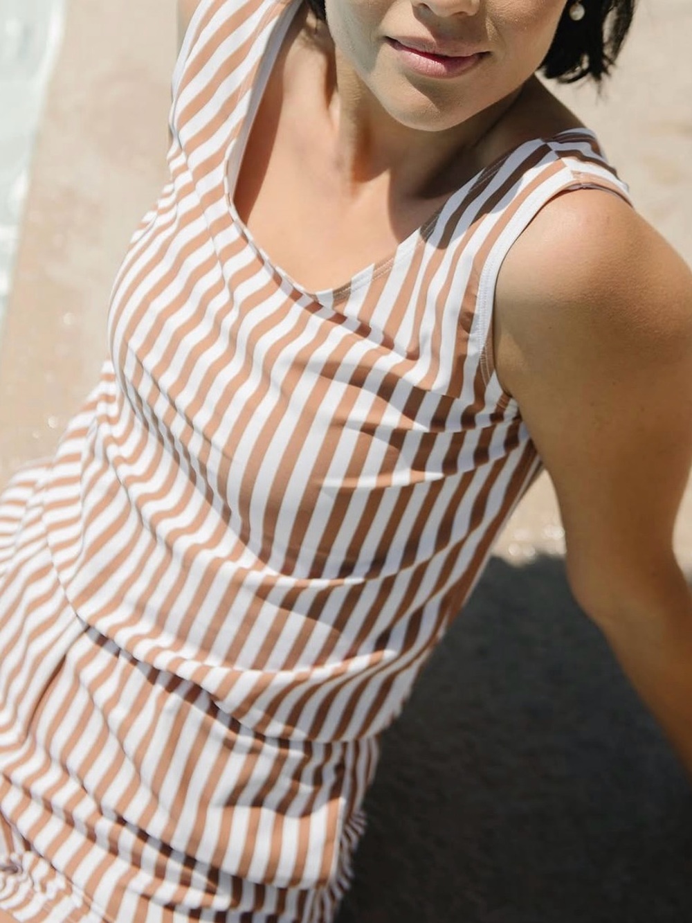 NWT Honey Mark Sage Swim Romper in Cinnamon Stripe
